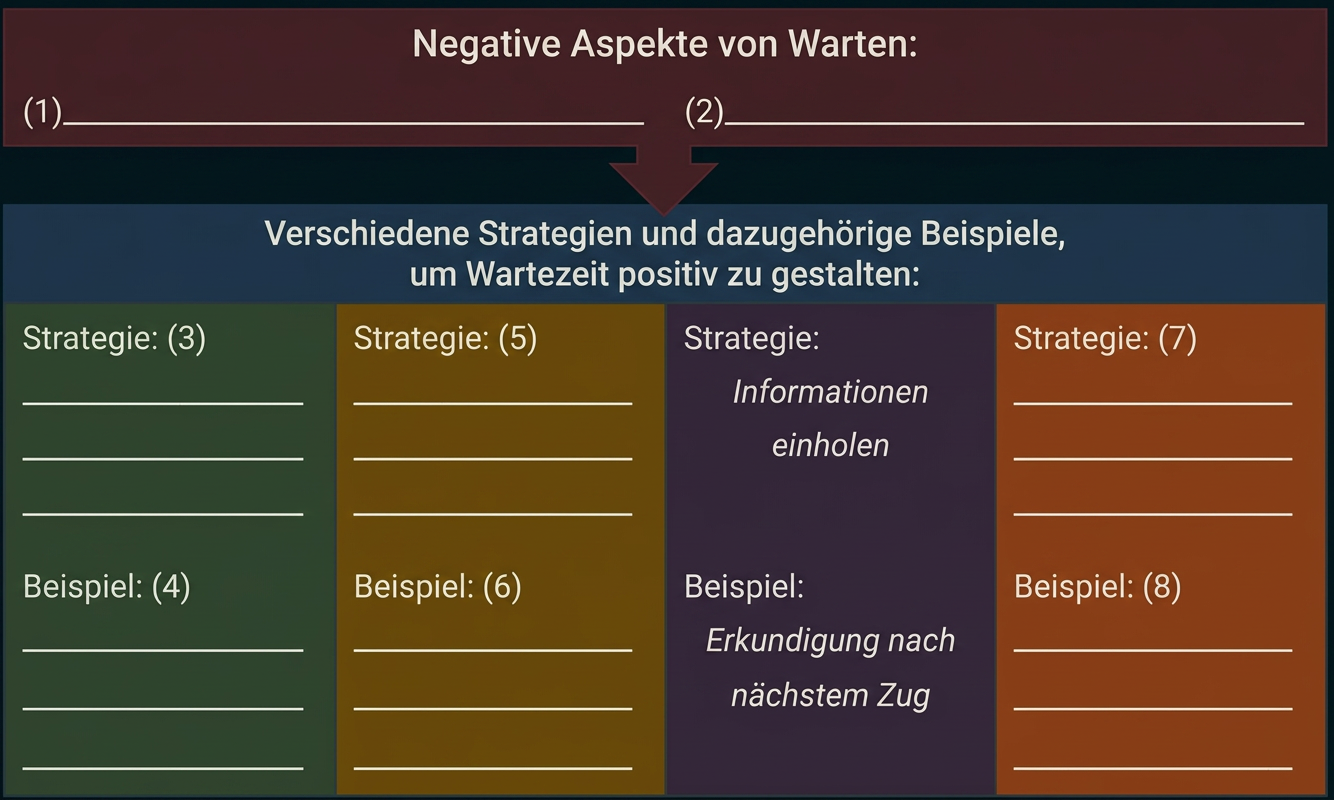 Arbeitsblatt zu negativen Aspekten des Wartens und Strategien zur positiven Gestaltung der Wartezeit.